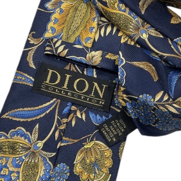 DION Navy Floral Leaf Silk DESIGNER Tie HANDMADE CANADA - Picture 3 of 4